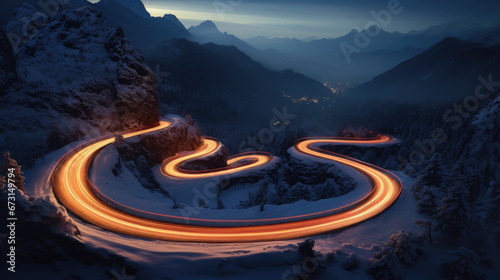  Aerial view of snowy forest with a road, a road winding through the snowy mountains at night