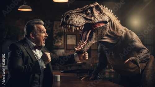 Man arguing with young tyrannosaurus. Having a dispute with dinosaur. Pissed off business man shouting and feeling furious. Annoyed, frustrated and angry. © ekim