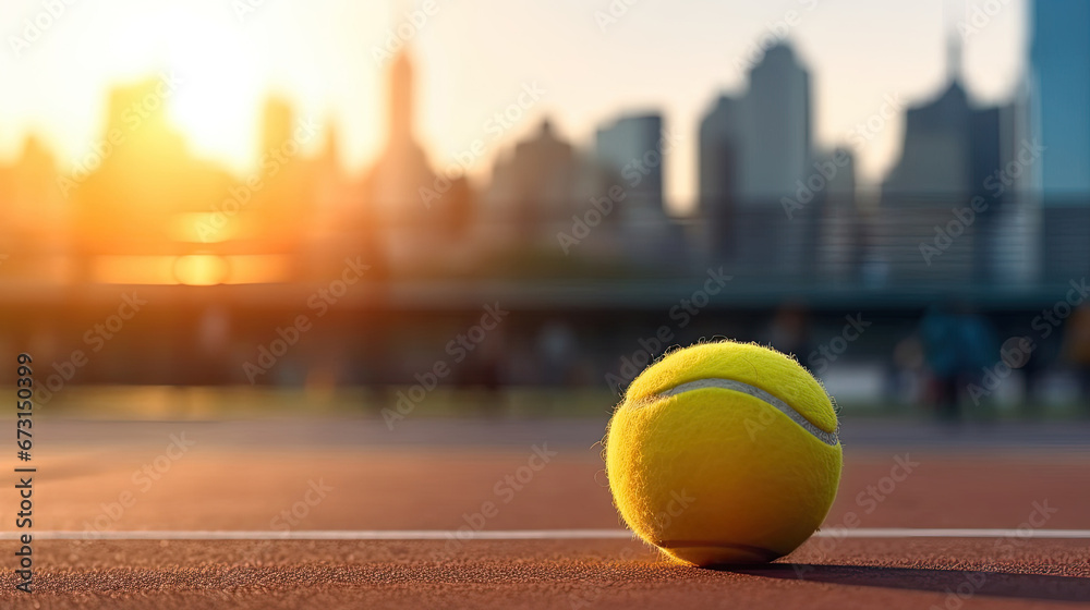 Tennis banner with yellow tennis ball at sunset with copy space,  summer tennis competition. Tennis background. Concept of Healthy sport. Banner size, 