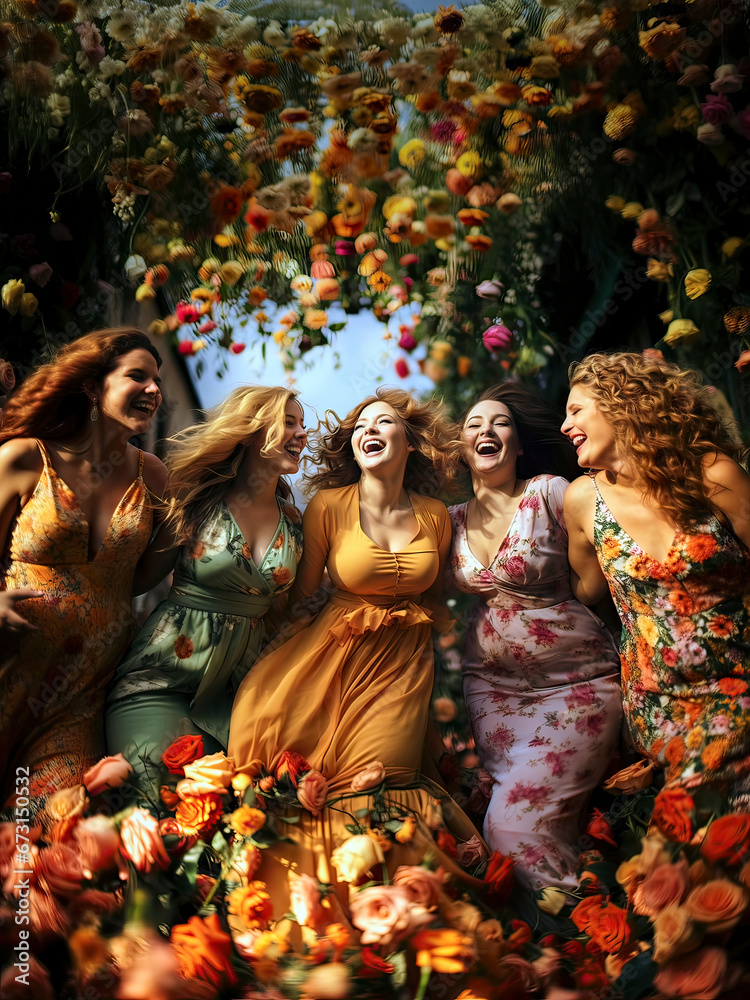 Group of Dancing and Laughing Curvy Young Women in a Sea of Roses