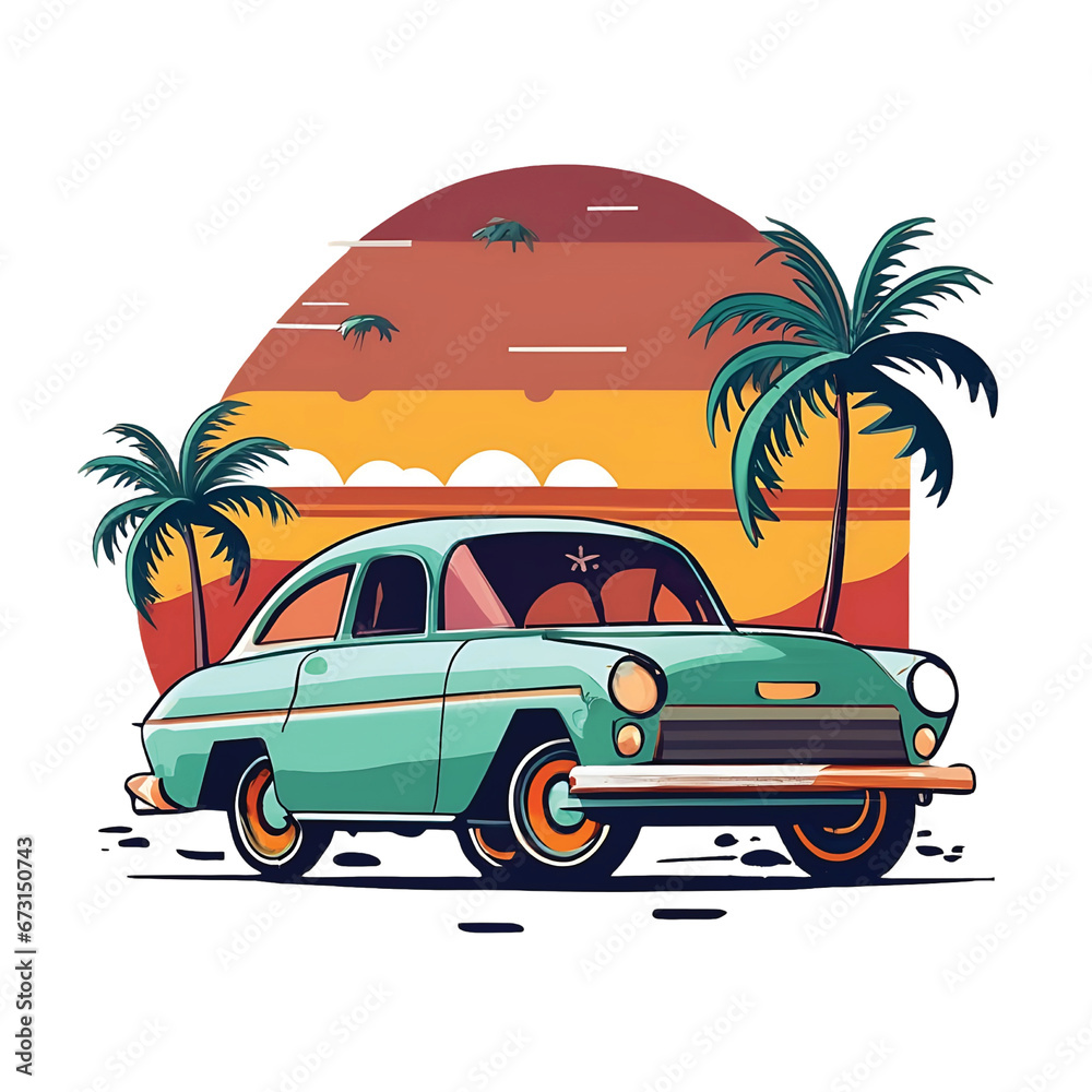 vintage Car on the beach with pump tree, sunset, Synthwave, vivid colors, pure Black background, T-shirt design, Generative AI 