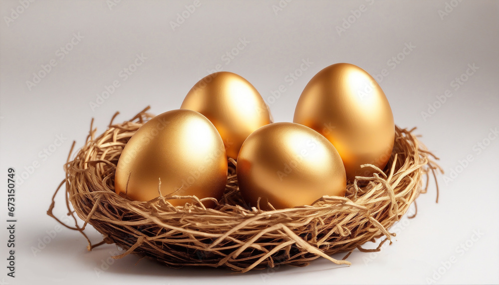 Four golden eggs in the nest on white background Four golden eggs in the nest on white background