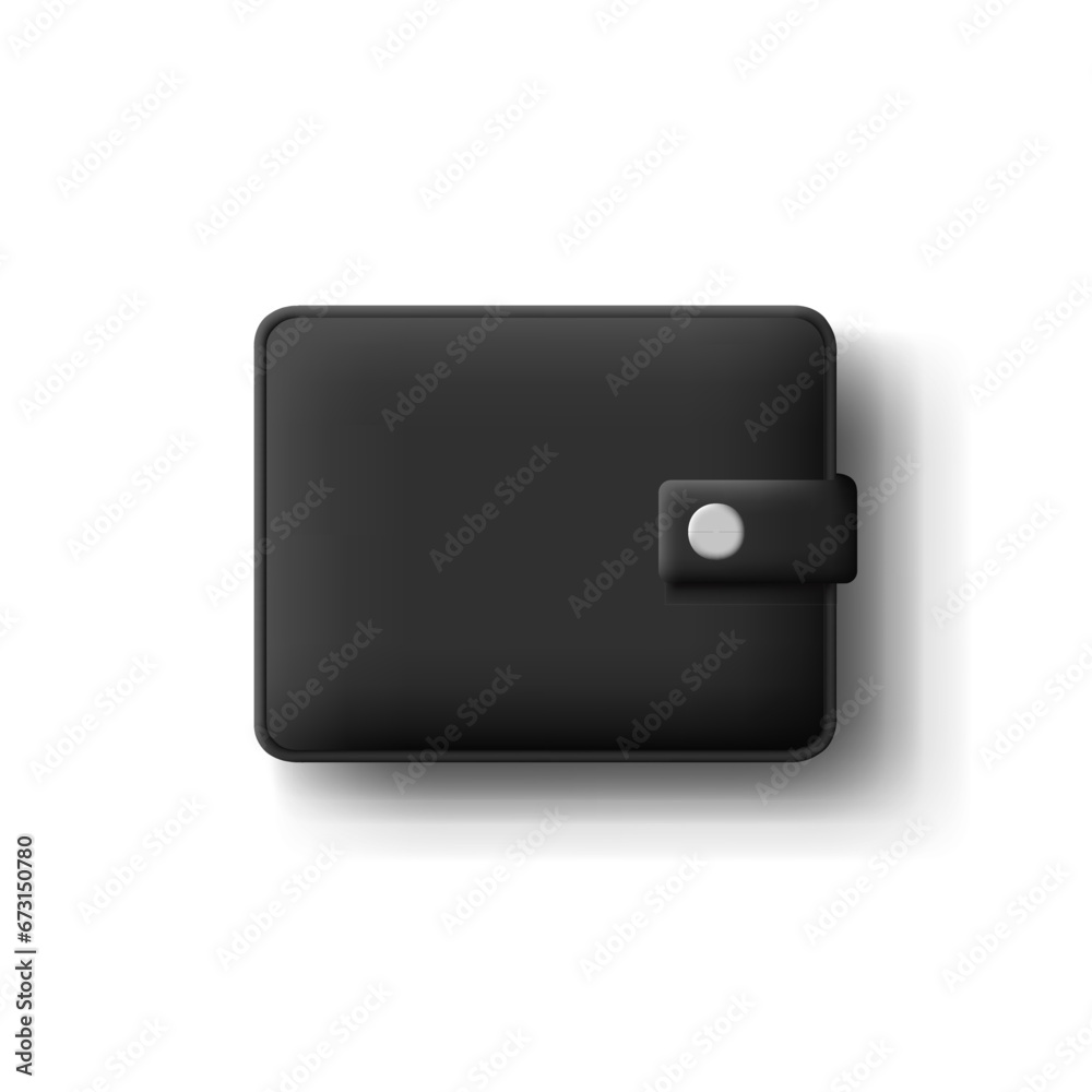 Black leather 3D wallet with a clasp. View from above. The object on a white background for the concepts of finance, business, cash settlement, and saving money. Black leather 3D wallet with a clasp. View from above. The object on a white background for the concepts of finance, business, cash settlement, and saving money.