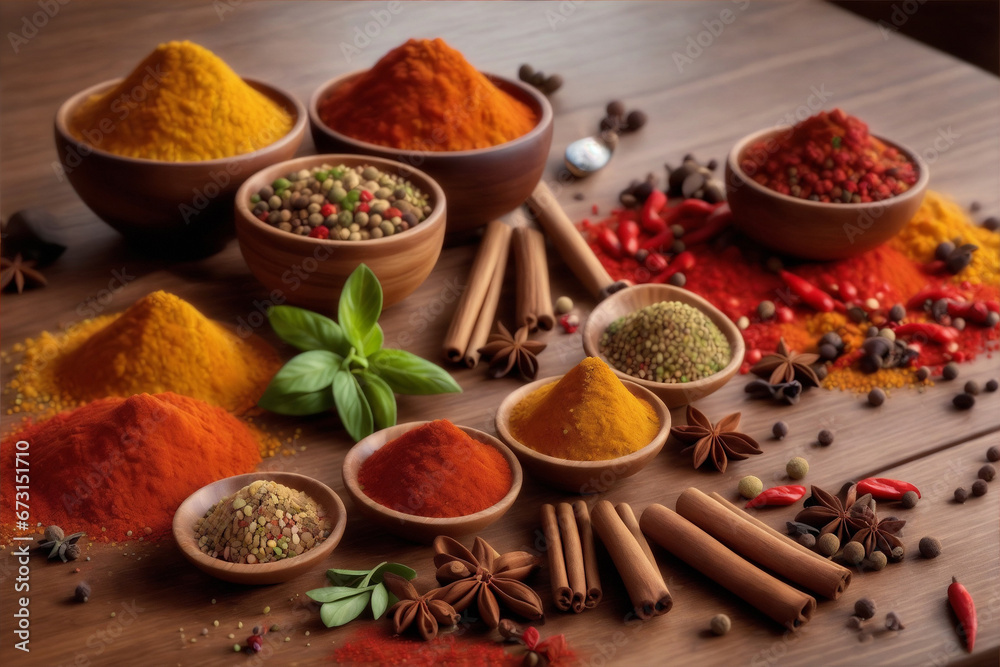 An array of assorted spices elegantly displayed on a kitchen table An array of assorted spices elegantly displayed on a kitchen table