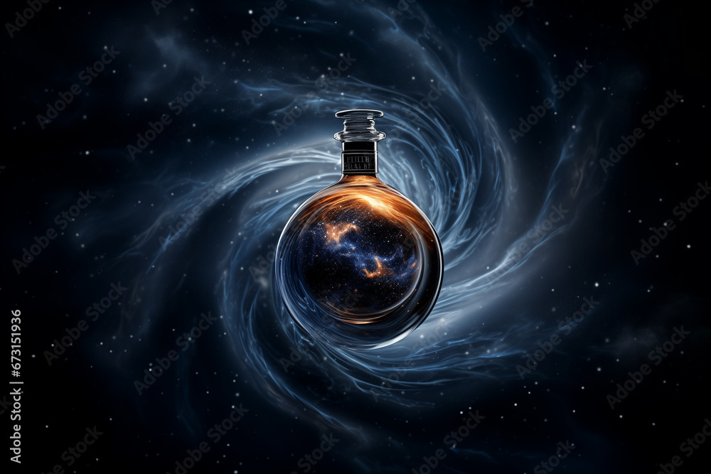 perfume bottle in a black hole in space. dramatic background swirl. product Photography concept.