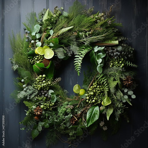 round the tree`s blanch, with green leaves on it, christmas wreath created with Generative Ai photo