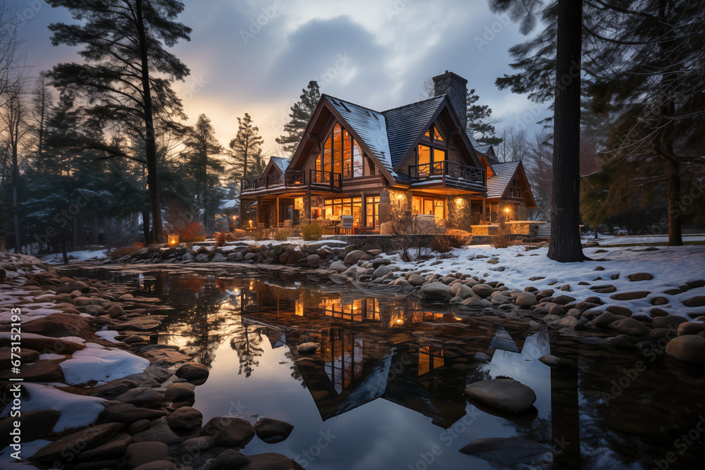 Fototapeta premium Early evening with a beautiful log cabin in a winter wonderland