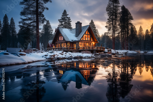 Early evening with a beautiful log cabin in a winter wonderland © michaelheim