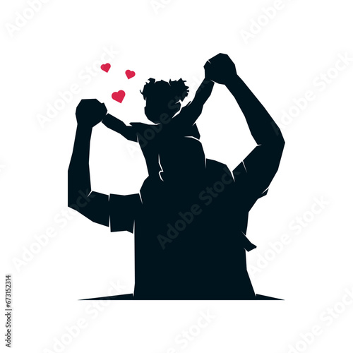 Father carry piggyback daughter toddler silhouette. Black afro american daddy and kid little girl playing together vector illustration