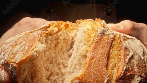 Baker breaking hot and fresh bread. Male baker hands breaking homemade bread. Bakery concept. Craft organic bread. Close-up in 4K, UHD photo