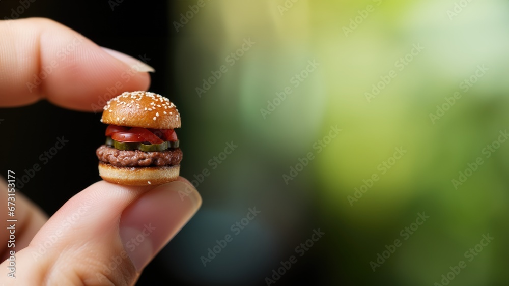 Hamburger miniature en Portion Diététique pour Perte de Poids et Conseil Nutritionnel. Concept nutrition équilibrée Hamburger miniature en Portion Diététique pour Perte de Poids et Conseil Nutritionnel. Concept nutrition équilibrée