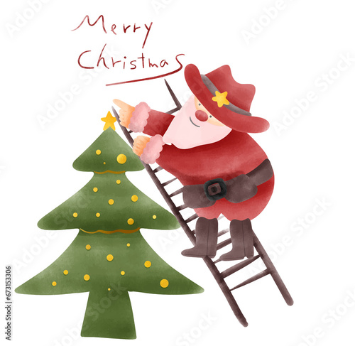 Cheerful Cowboy Santa Claus Hand Drawing Climbing Ladder to Decorate Christmas Tree