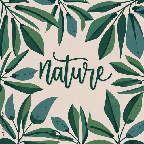 Nature-themed background with green leaves and cursive text. 