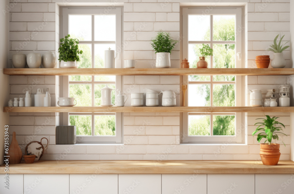 Fototapeta premium Scandinavian minimalist design in interior of apartment, flat for rent or sale and home blog. Modern plates and cups, kitchen utensils, potted plants on wooden shelves, on light wall, empty space.
