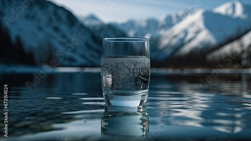 Glass of pouring crystal water on blurred nature snow mountain background.  Healthy refreshing drink