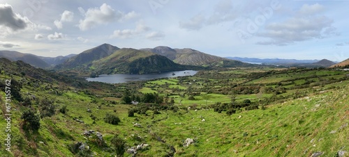 Panorama of Glanmore Lake on the Beara Peninsula in Kerry, Ireland.