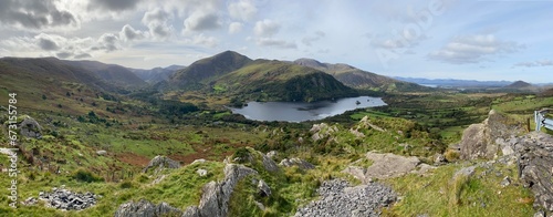Panorama of Glanmore Lake from the Healy Pass in Kerry, Ireland.