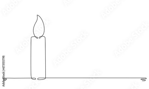 Christmas candle with burning flame. One continuous single line hand drawing art. Vector stock illustration isolated on white background for design template greeting card, invitation. Editable stroke