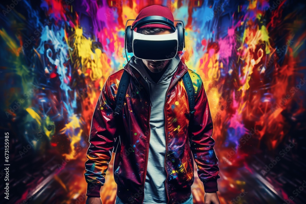 Young Man Experiencing Immersion in Virtual Reality, Engrossed in a Digitized World. Multicolored background.
