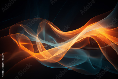 Abstract smoke waves with an interplay of orange and blue hues. Apricot Crush color trend. Design for tech backgrounds, wallpaper, or banner