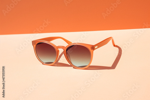 Trendy sunglasses with orange tint on a simple dual-tone background. Peach Fuzz color trend. Summer fashion accessory. Design for lifestyle magazines, poster, or banner photo