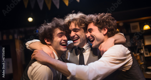 group of happy men hugging each other smiling
