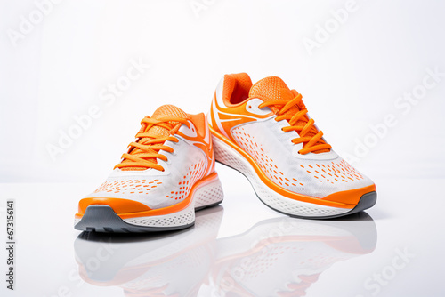 Dynamic orange and white running shoes on a reflective surface. Apricot Crush color. Active lifestyle and motion. Design for sports gear advertising, fitness posters, or banners