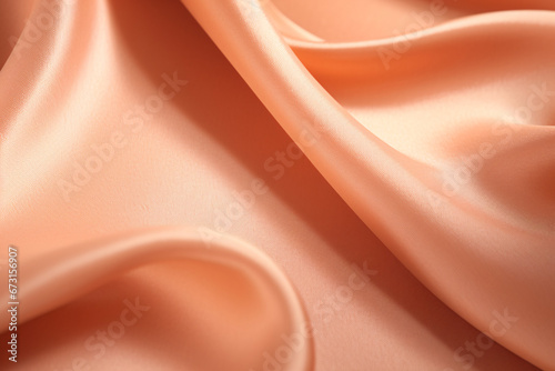 Smooth peachy pink satin fabric in elegant folds. Peach Fuzz colour trend. Textile elegance. Design for fashion promotions, or luxury background, or banner