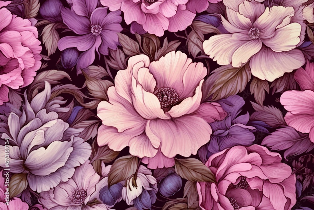Vintage floral illustration with pink and purple wild roses pattern. Generative AI