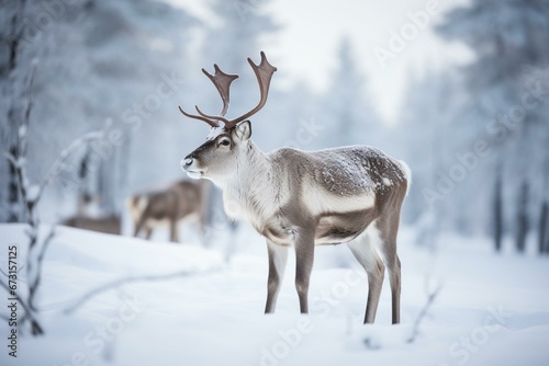 Spotted reindeer walk in snow in Russian winter. Generative AI