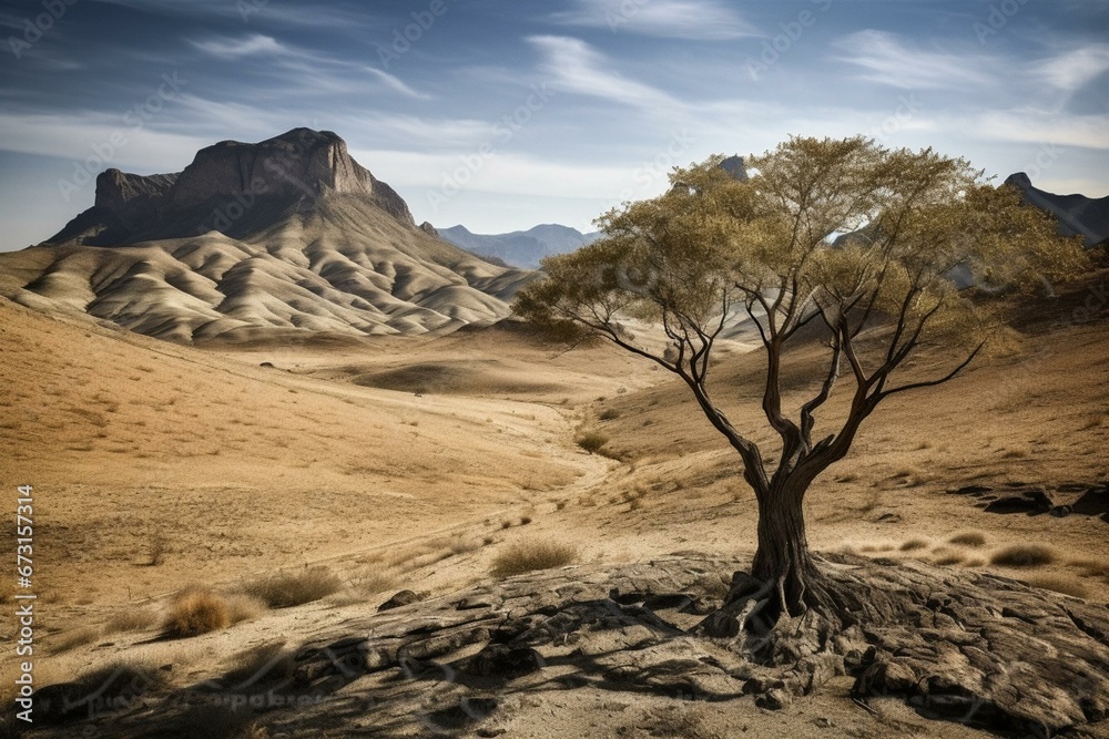 Peaceful isolation: solitary tree in arid landscape framed by stunning peaks. Generative AI