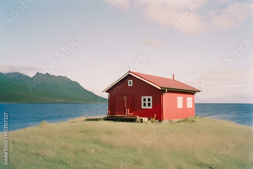 Red painted cottage on a island, The nordic house photo