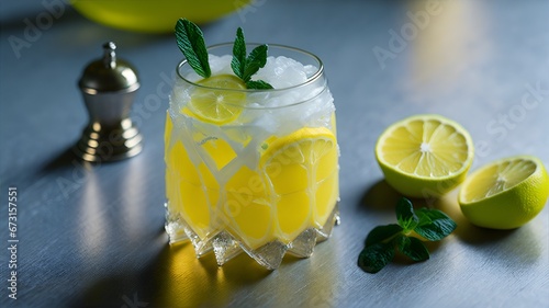A stunningly presented Limoncello Spritz cocktail takes center stage in this expertly captured photograph. The drink sparkles with a golden hue, gracefully adorned
