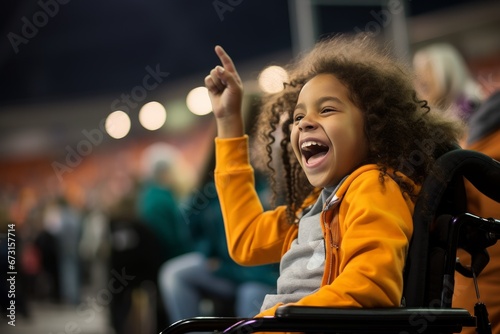 Photo of a girl in a wheelchair attending a sports event and cheering for her favorite team. Generative AI photo
