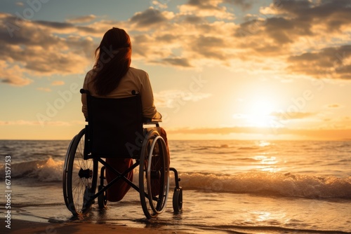 Photo of a girl in a wheelchair enjoying a day at the beach. Generative AI