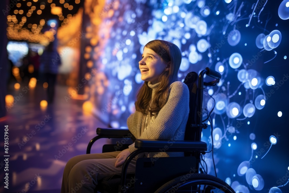 Photo of a girl in a wheelchair visiting an interactive science museum. Generative AI