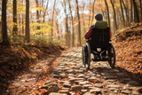 Photo of a man in a wheelchair accessing an outdoor adventure trail with assistance. Generative AI