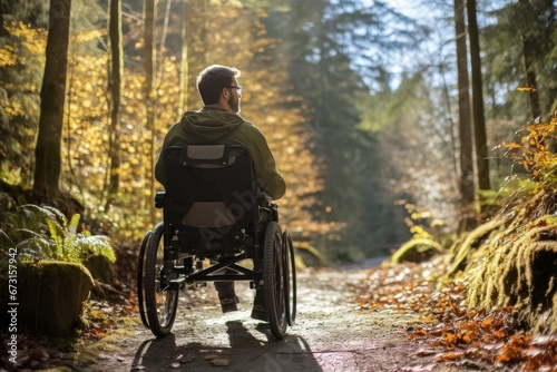 Photo of a man in a wheelchair accessing an outdoor adventure trail with assistance. Generative AI photo