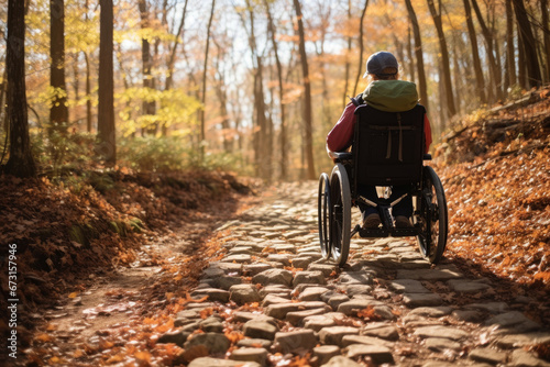 Photo of a man in a wheelchair accessing an outdoor adventure trail with assistance. Generative AI photo