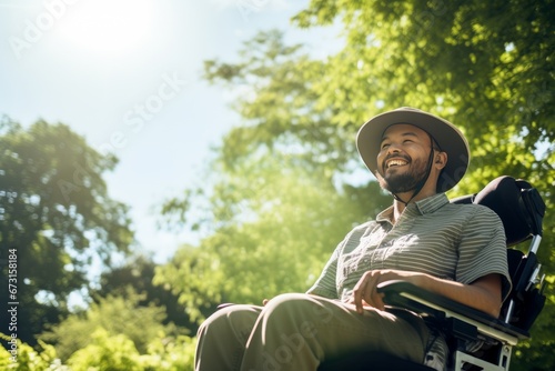 Photo of a man in a wheelchair enjoying a sunny day in the park. Generative AI