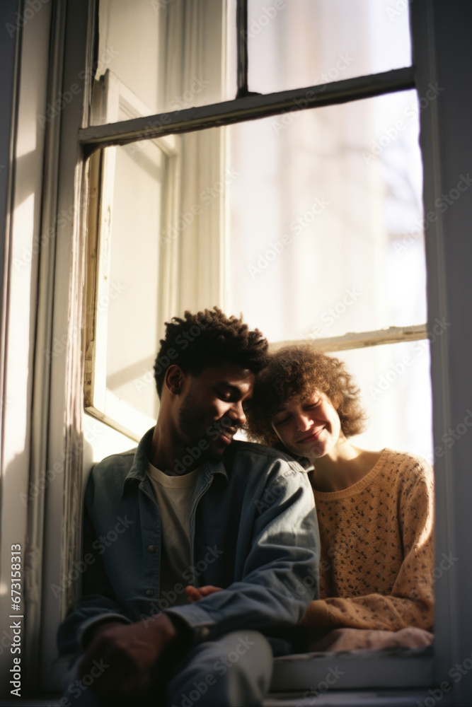 Young ethnic couple sitting by the window in their home Young ethnic couple sitting by the window in their home