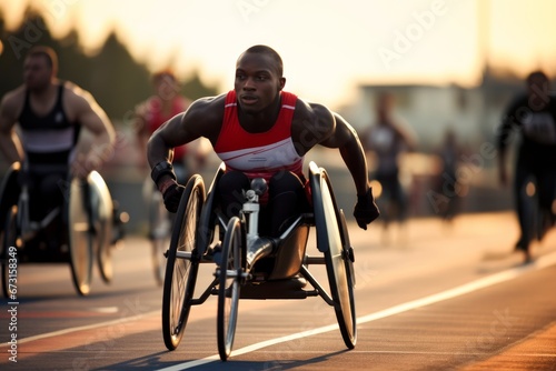 Photo of a man in a wheelchair participating in a wheelchair racing event. Generative AI photo