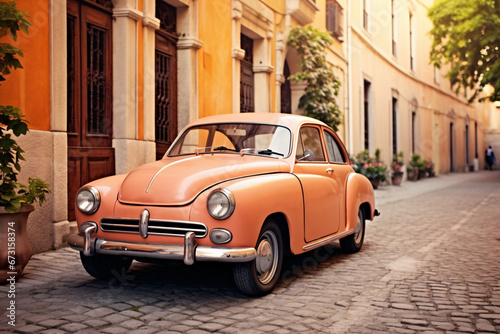 Vintage peachy car parked on a European city street. Retro charm and travel concept. Apricot Crush color trend. Suitable for nostalgic event posters, banners, or wallpapers © dreamdes