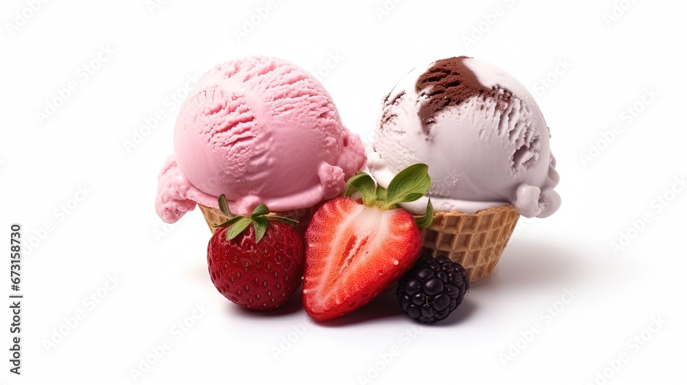 Chocolate Vanilla and Strawberry Ice Cream on White Selective Focus Background Chocolate Vanilla and Strawberry Ice Cream on White Selective Focus Background