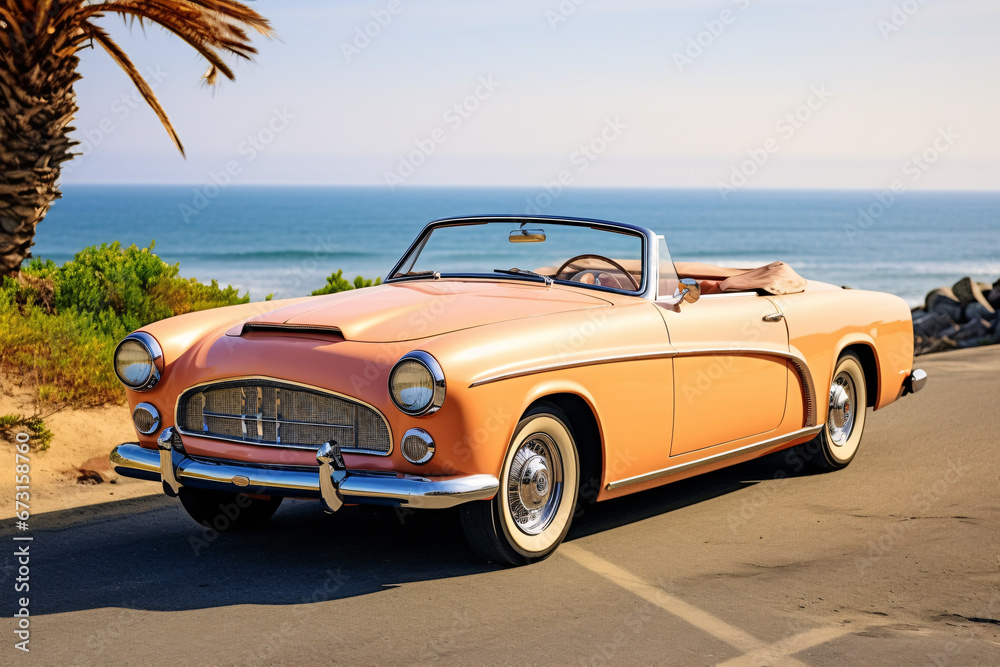 Vintage peachy convertible car parked by the seaside. Apricot Crush color trend. Travel and classic automotive theme. Design for advertising poster, wallpaper, or banner