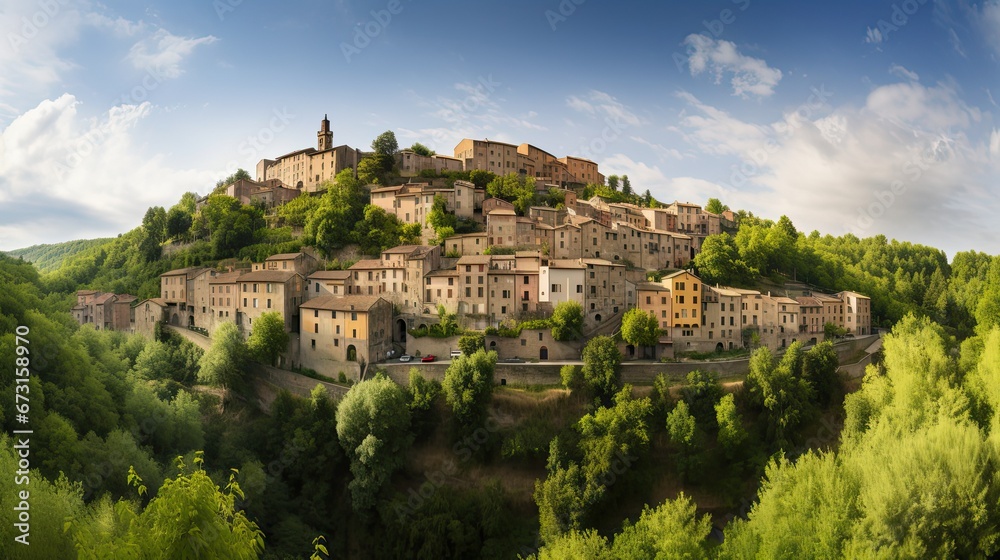 A Panoramic View of a Charming European Village Nestled in the Hills