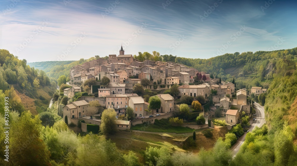 A Panoramic View of a Charming European Village Nestled in the Hills