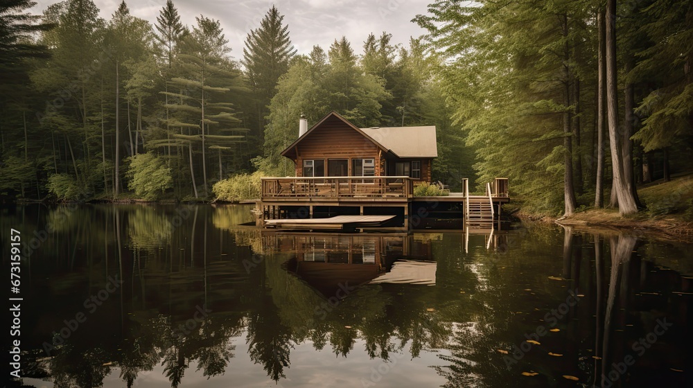 Lakeside Cabin Surrounded by Forests