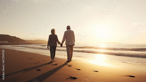 A Senior Couple Holding Hands and Walking on a Beautiful Beach at Sunset