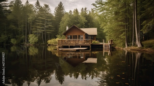 Lakeside Cabin Surrounded by Forests